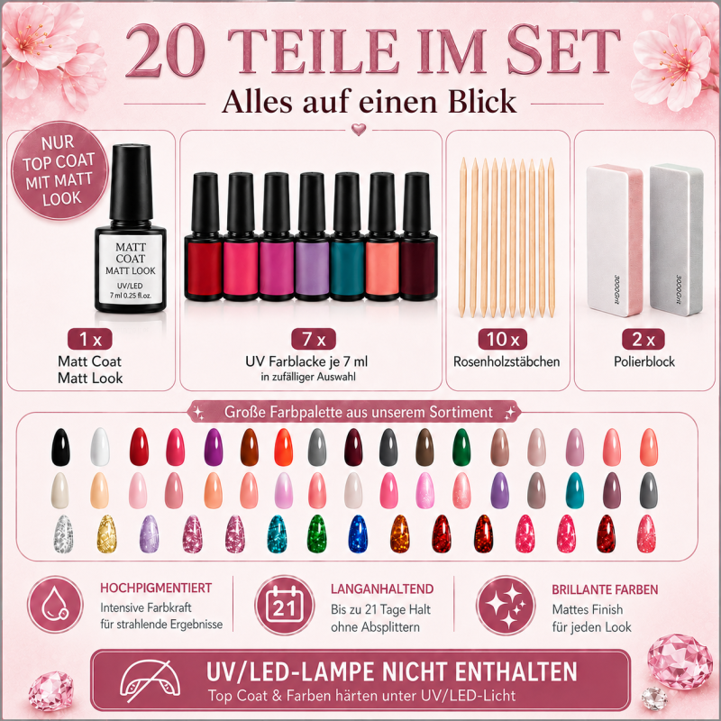 UV Polish Set " Matt Look " – 20-tlg.  UV Nagellack Set mit mattem Top Coat